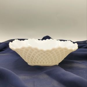 Hazel Atlas Diamond Point Milk Glass Square Ruffled Candy Trinket Dish MCM Vtg